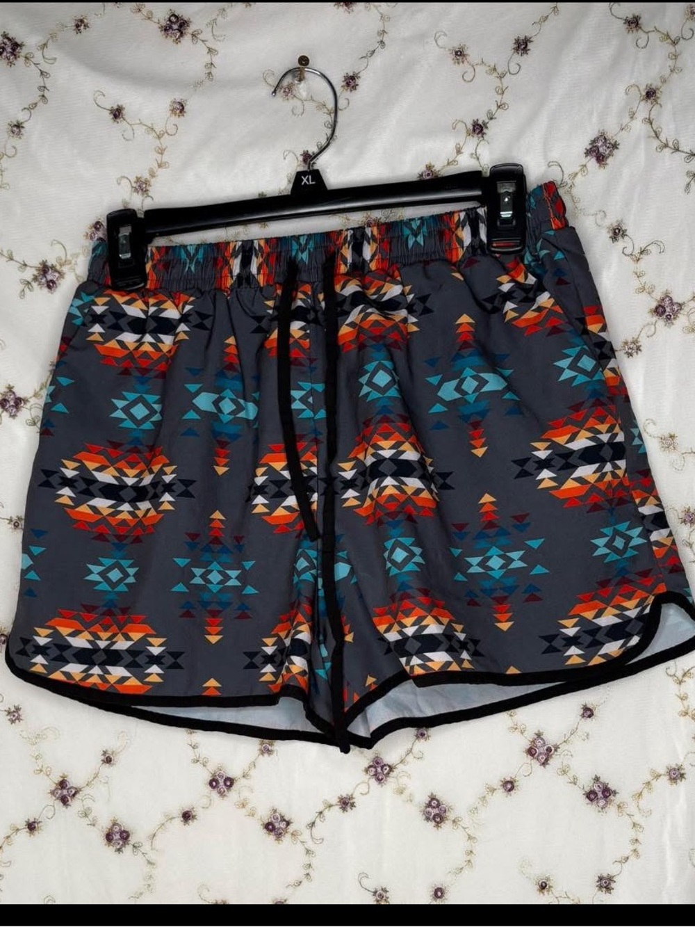 Women's Gray Aztec Athletic Shorts with Turquoise & Orange Print
